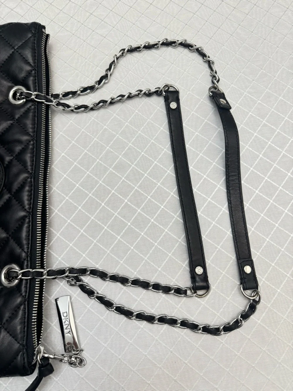 DKNY Quilted Black Shoulder Tote with Chain Straps - Picture 8 of 9